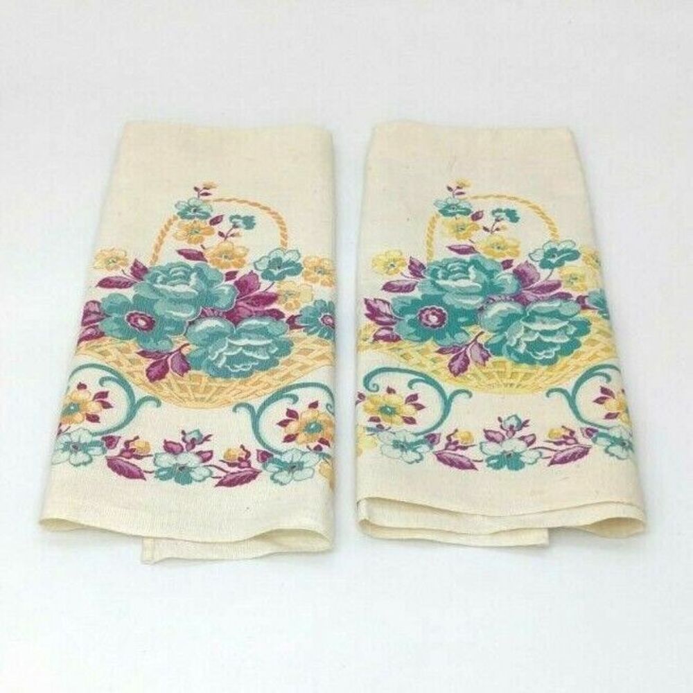 Set of 2 MOD Retro Ivory Linen Tea Towels Flowers Floral In A Basket